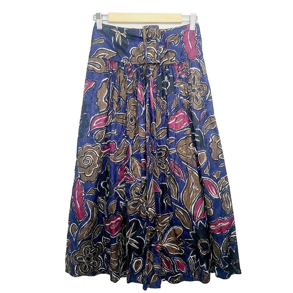 Georgio Armani Skirt 40 (4) Blue Floral‎ Cotton A-Line Button Buckle Waist Midi